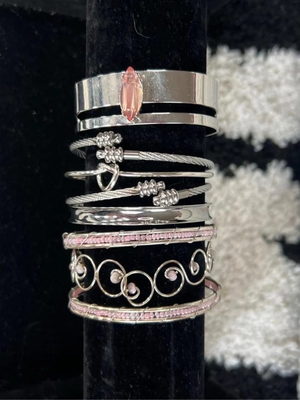 Y2K Silver tone & pink bangle bracelet stack